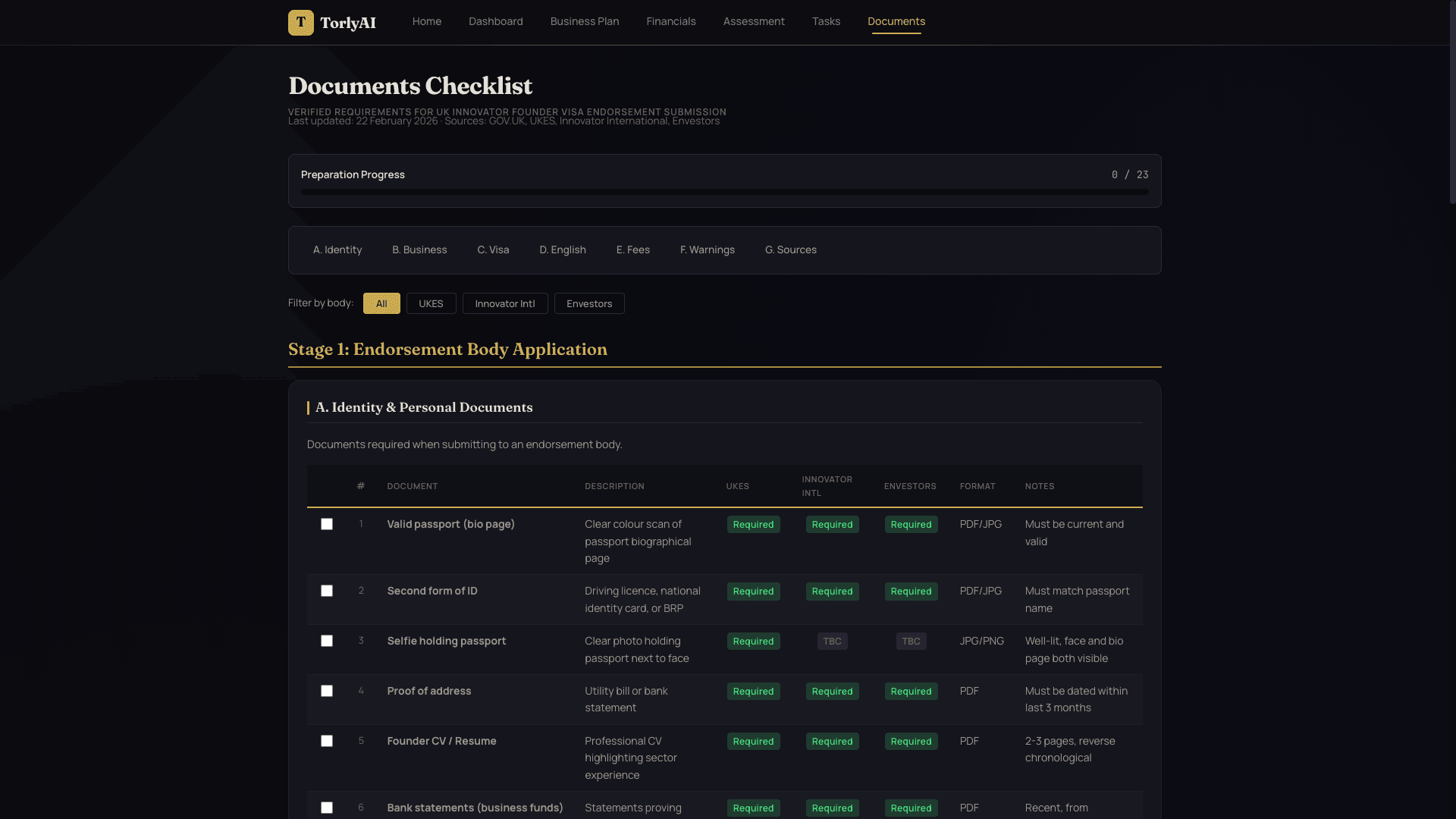TorlyAI Documents Checklist — verified requirements for UK visa endorsement submission with progress tracking